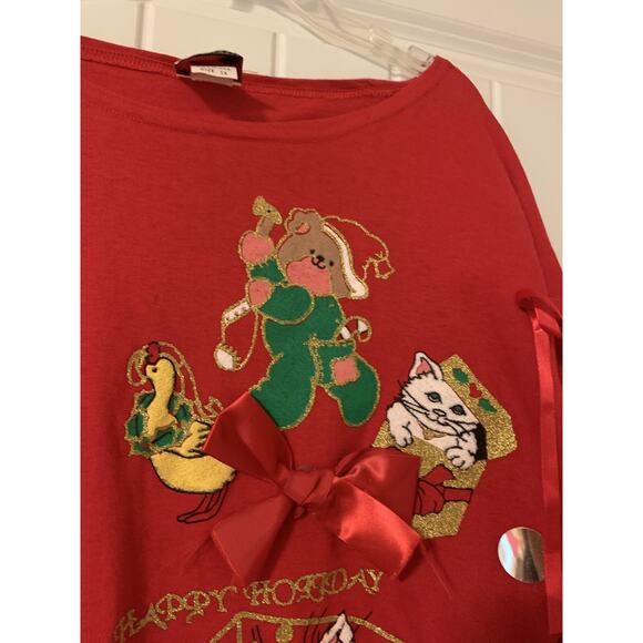 Sweet Blondie red christmas themed blouse shirt kitty bear made in US VTG 1X - Picture 2 of 7